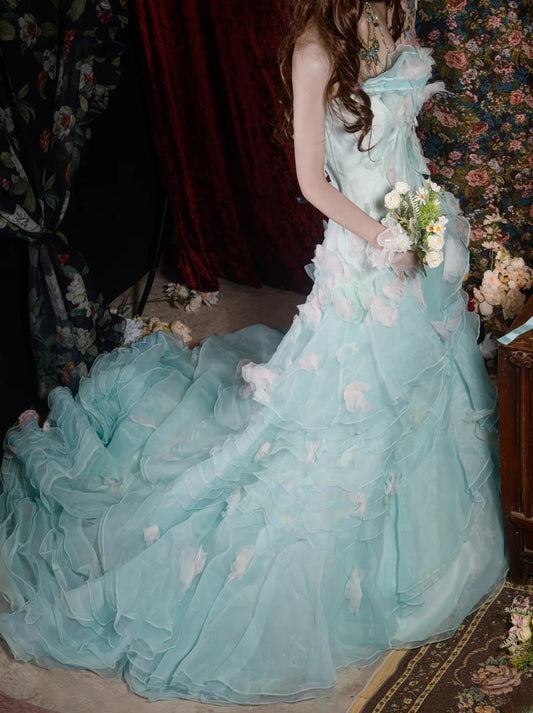 Chic Mermaid Strapless Blue With Tiered Layers High School Dances Prom Dresses Formal Outfits Evening Gown RB8568