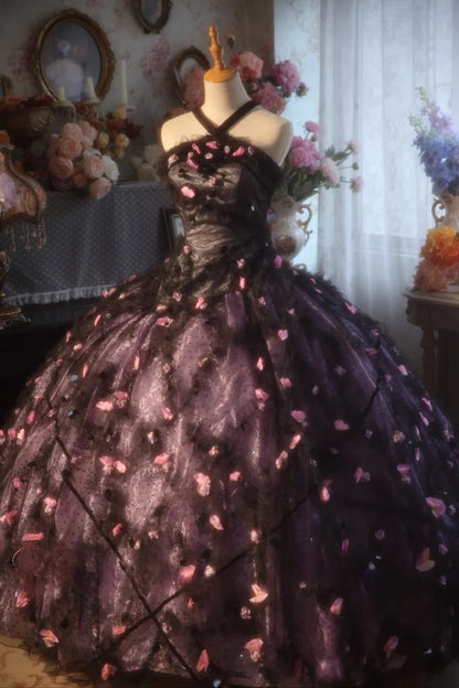 Ball Gown Halter Tulle With Floral Black Sweet 16 Dress Sweet Sixteen Princess Dress RB9363