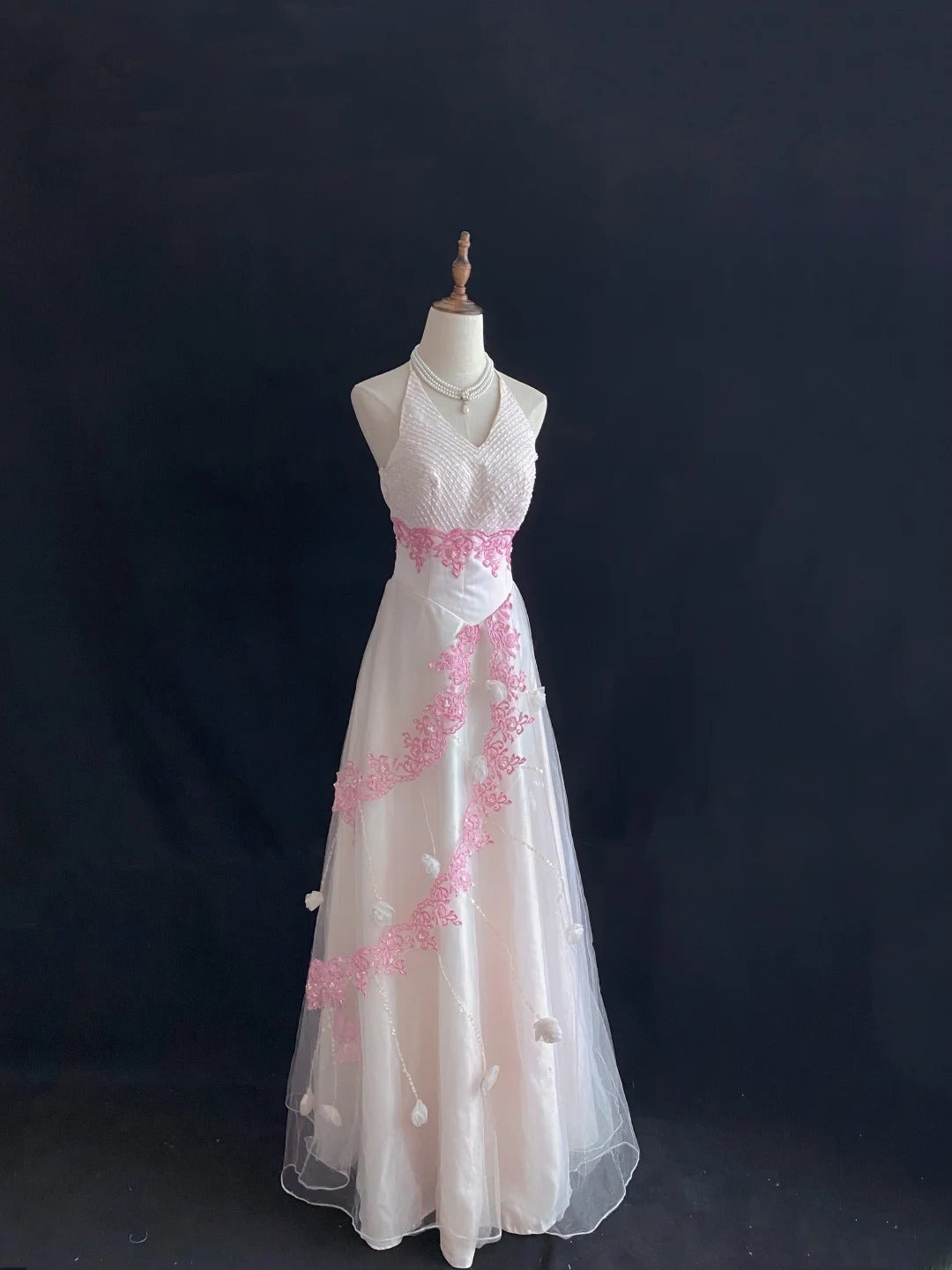 Vintage A Line Halter Light Pink Tulle With Pearls Lace Long Prom Dresses Formal Outfit Evening Night Dress RB7792