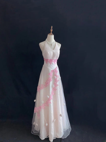 Vintage A Line Halter Light Pink Tulle With Pearls Lace Long Prom Dresses Formal Outfit Evening Night Dress RB7792
