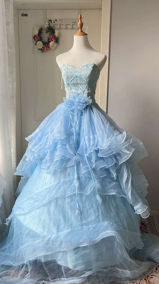Sweet 15 Quinceanera Dress Ball Gown Sweetheart Blue Tulle With Tiered Tiered Long 16th Birthday Outfits RC0664