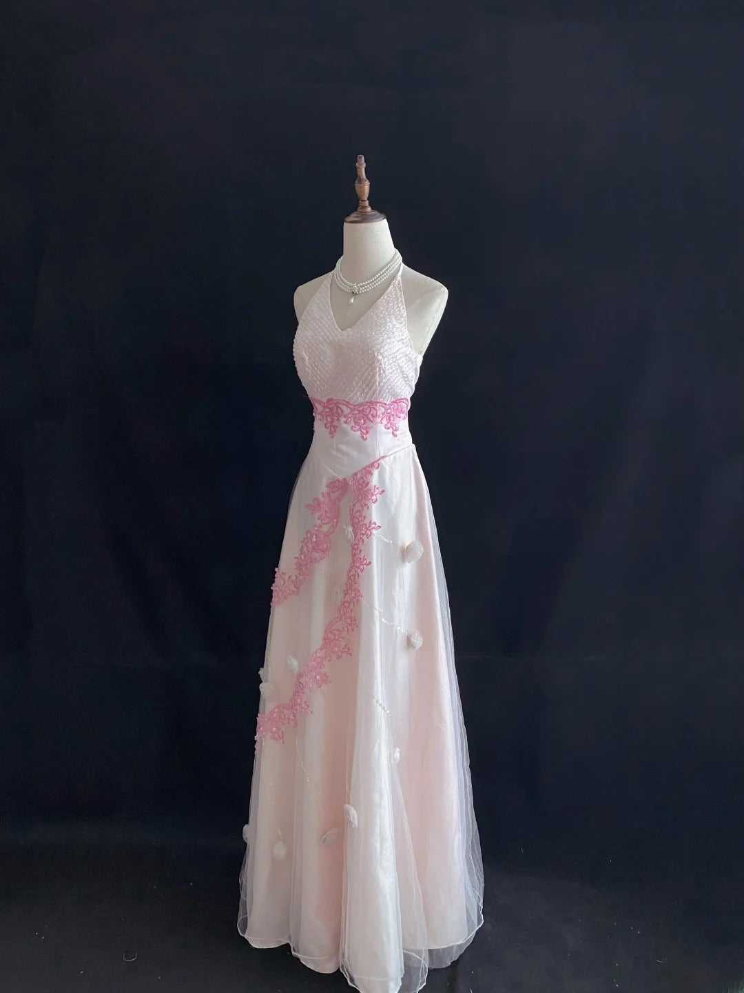 Vintage A Line Halter Light Pink Tulle With Pearls Lace Long Prom Dresses Formal Outfit Evening Night Dress RB7792