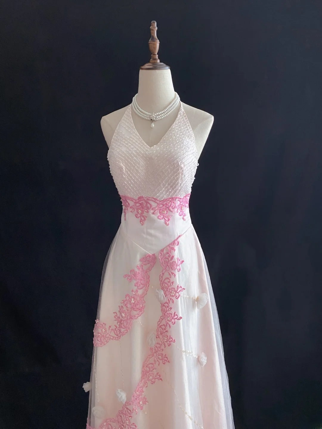 Vintage A Line Halter Light Pink Tulle With Pearls Lace Long Prom Dresses Formal Outfit Evening Night Dress RB7792