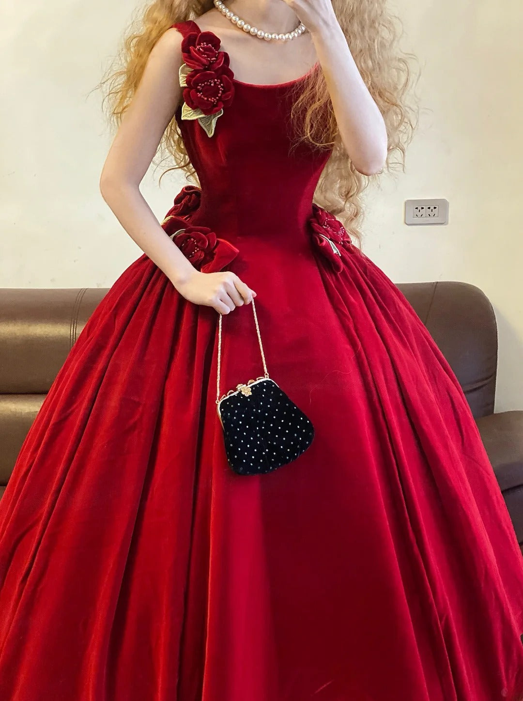 Plus Size Sweet 16 Dress Ball Gown Square Red Velvet Sweet Sixteen Formal Gown RB9386