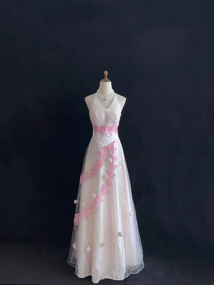 Vintage A Line Halter Light Pink Tulle With Pearls Lace Long Prom Dresses Formal Outfit Evening Night Dress RB7792