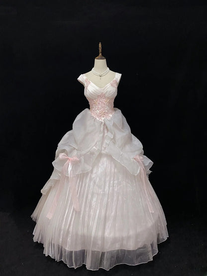 Dream Ball Gown V Neck Light Pink Lace Poofy Long With Appliqued Quince Dress inspo Quinceanera Dresses Sweet 15 16 Outfits RB7793