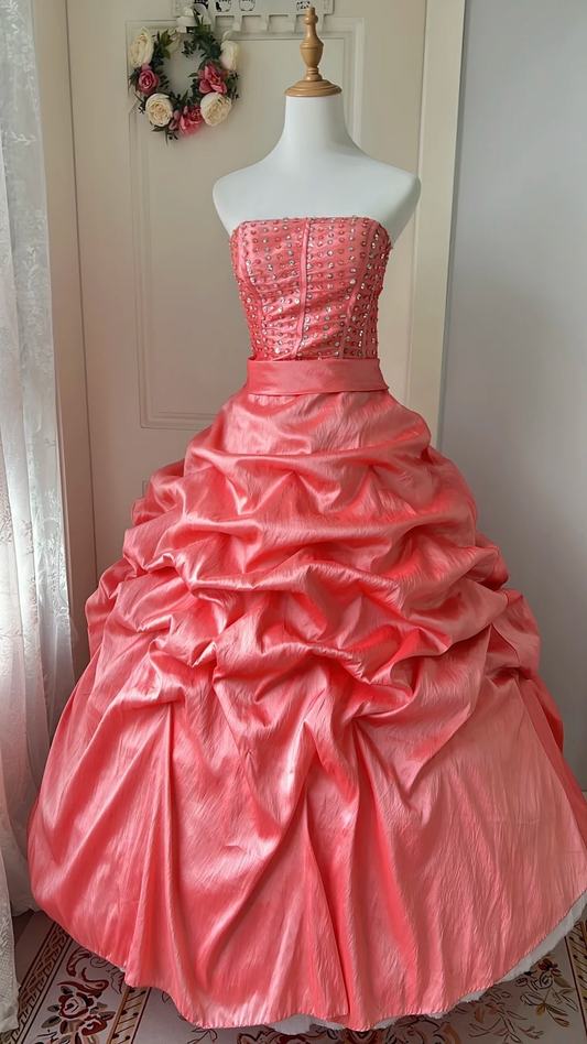 Sweet 15 Quinceanera Dress Ball Gown Strapless Coral Satin With Tiered Long 16th Birthday Outfits RC0665
