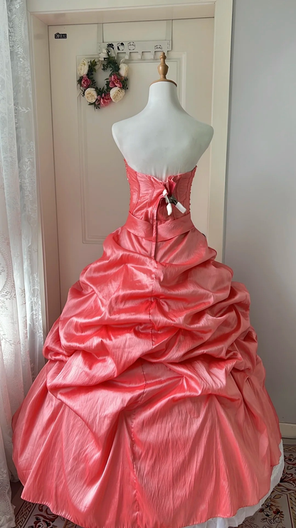 Sweet 15 Quinceanera Dress Ball Gown Strapless Coral Satin With Tiered Long 16th Birthday Outfits RC0665