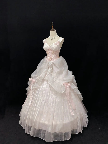 Dream Ball Gown V Neck Light Pink Lace Poofy Long With Appliqued Quince Dress inspo Quinceanera Dresses Sweet 15 16 Outfits RB7793