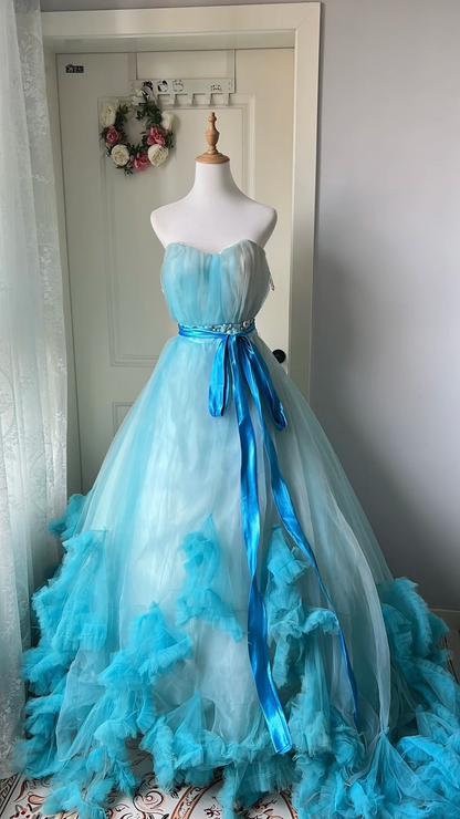 Pretty Sweet 16 Dress Long Sweetheart Blue With Train Ball Gown Sweet Sixteen Party Birthday Dresses RC0666