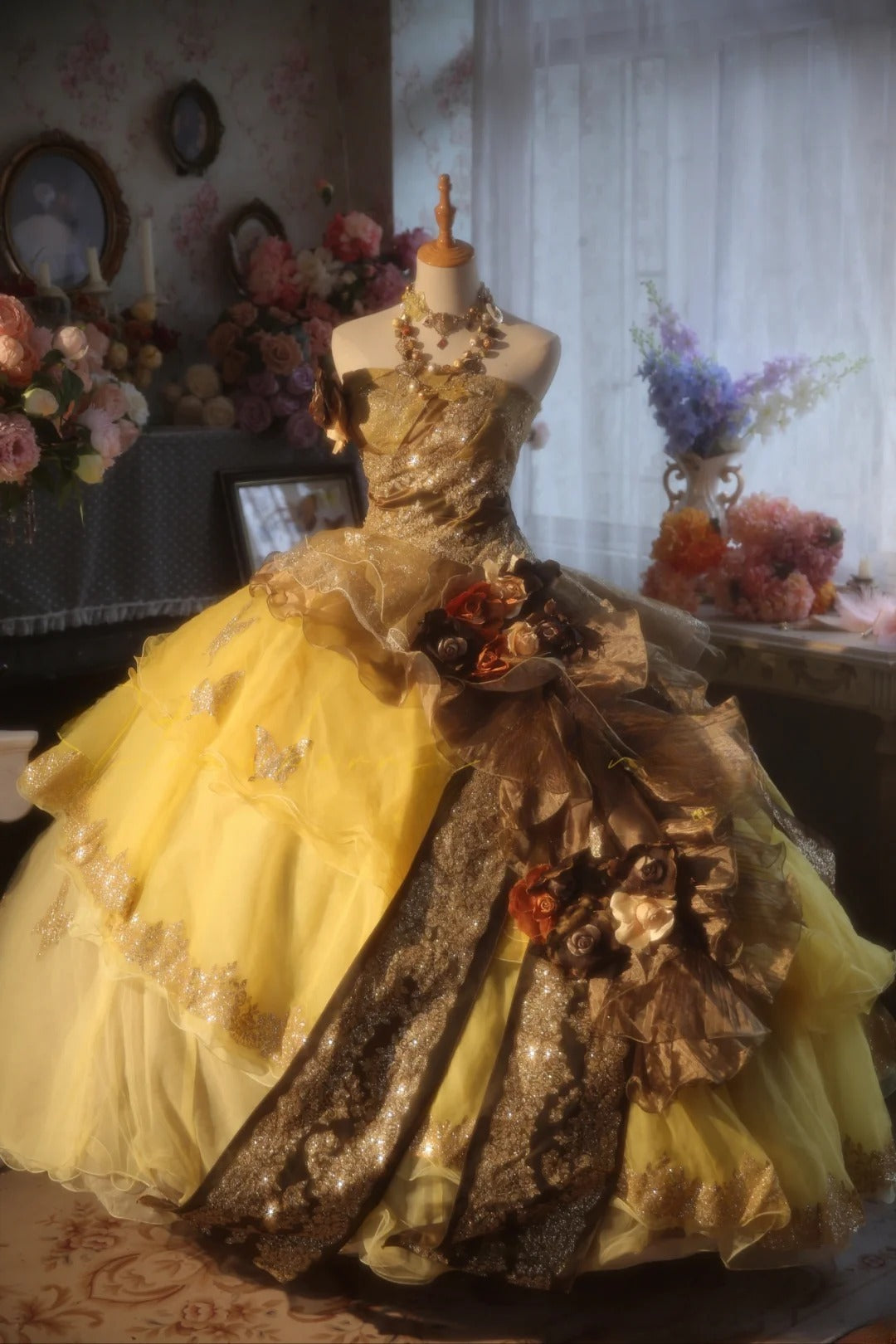 Plus Size Sweet 16 Dress Ball Gown Strapless Gold Yellow Tulle Sweet Sixteen Formal Gown RB9388