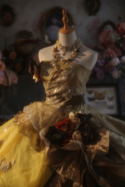 Plus Size Sweet 16 Dress Ball Gown Strapless Gold Yellow Tulle Sweet Sixteen Formal Gown RB9388