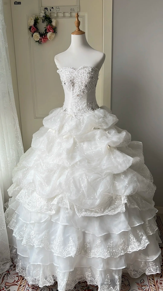 Sweet 15 Quinceanera Dress Ball Gown Sweetheart Tulle White With Tiered Layers Long 16th Birthday Outfits RC0667