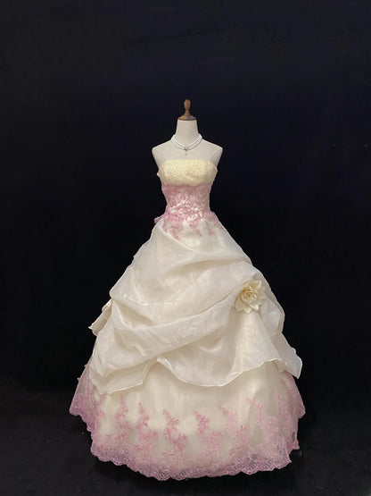 Elegant Ball Gown Strapless Ivory Poofy Long With Pink Appliqued Quince Dress inspo Quinceanera Dresses Sweet 15 16 Outfits RB7798