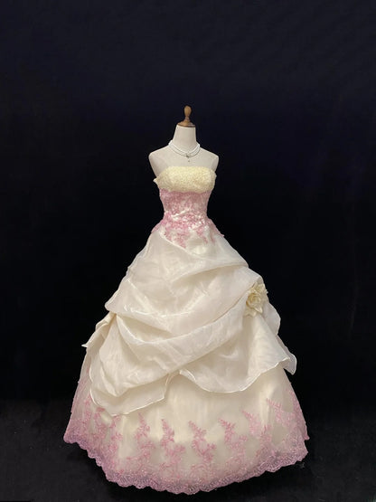 Elegant Ball Gown Strapless Ivory Poofy Long With Pink Appliqued Quince Dress inspo Quinceanera Dresses Sweet 15 16 Outfits RB7798