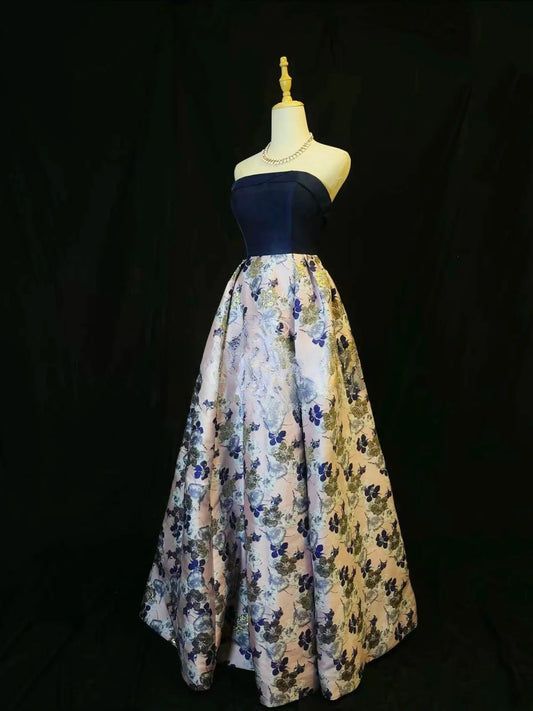 Vintage 2000s Prom Dresses Ball Gown Strapless Navy Blue Satin Floral Long Party Gown Formal Outfits RB6176
