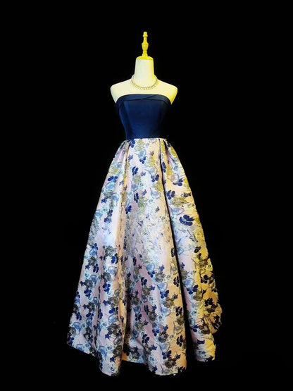 Vintage 2000s Prom Dresses Ball Gown Strapless Navy Blue Satin Floral Long Party Gown Formal Outfits RB6176