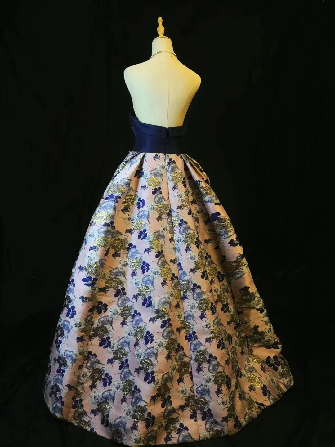 Vintage 2000s Prom Dresses Ball Gown Strapless Navy Blue Satin Floral Long Party Gown Formal Outfits RB6176