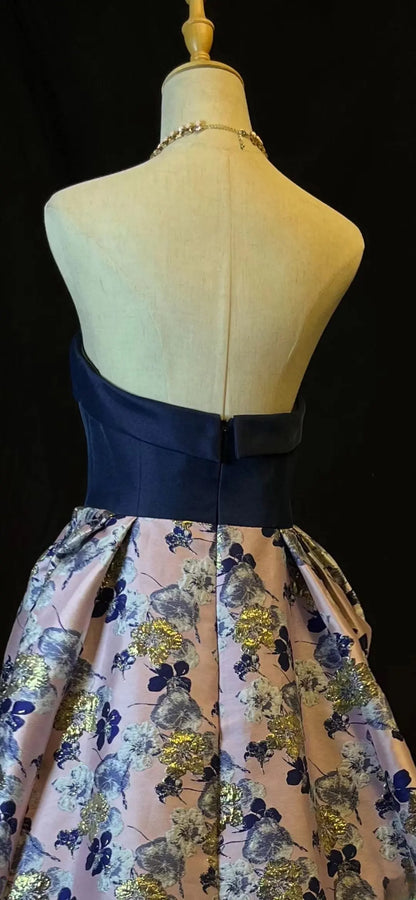 Vintage 2000s Prom Dresses Ball Gown Strapless Navy Blue Satin Floral Long Party Gown Formal Outfits RB6176