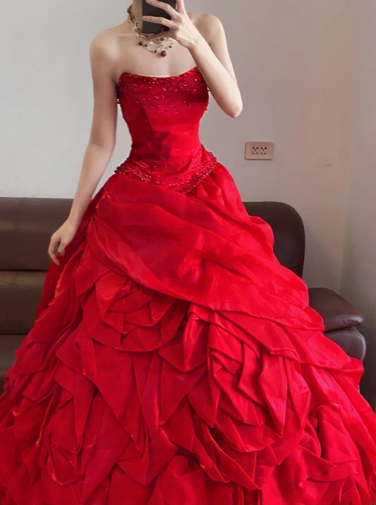 Prom Dress Elegant Ball Gown Strapless Red Satin Formal Evening Gown for Graduation Party RB9391