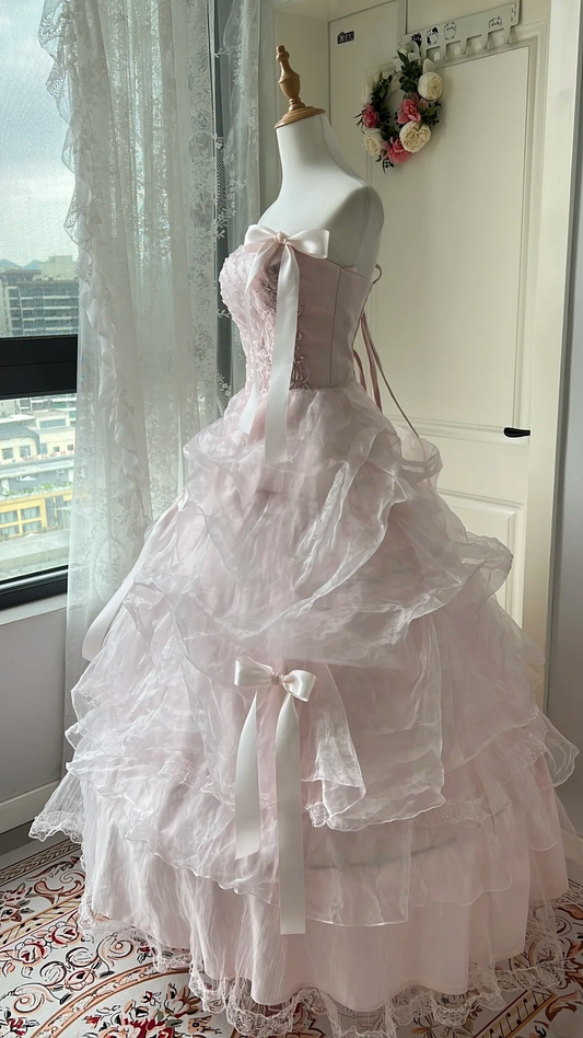 Sweet 15 Quinceanera Dress Ball Gown Strapless Pink Tulle With Tiered Layers Long 16th Birthday Outfits RC0669