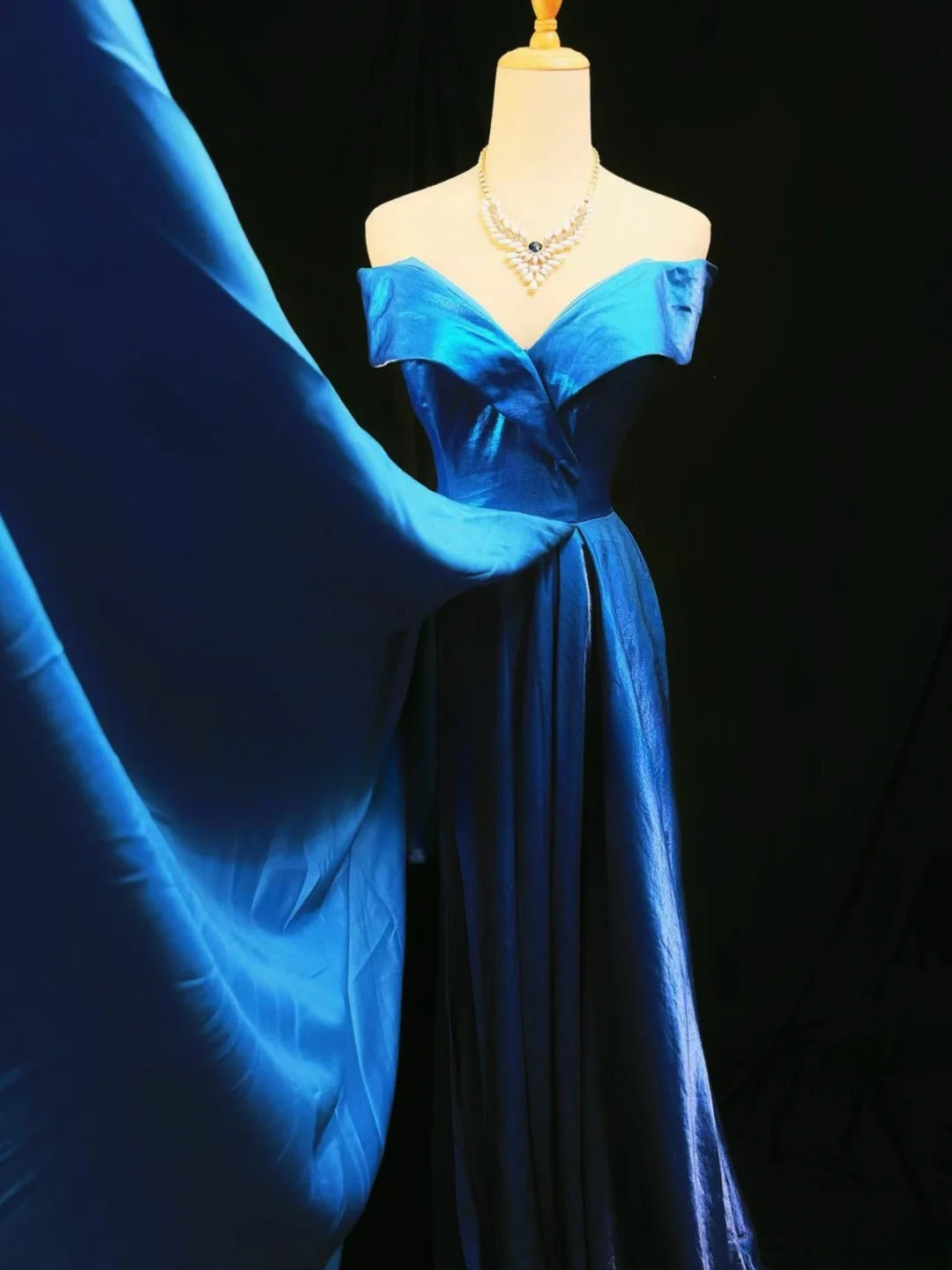 Vintage Prom Dresses A line Off The Shoulder Blue With Sleeves 1950s Retro Classy Long Party Formal Outfits RB6177