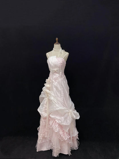 Vintage 90s A Line Spaghetti Straps Pink With Beading Lace Long Prom Dresses Formal Outfit Evening Night Dress RB7801