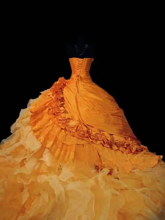 Orange Tiered Layers Strapless Tulle Satin Sweet 16 Dress Ball Gown Sweet Sixteen Dress RC0056