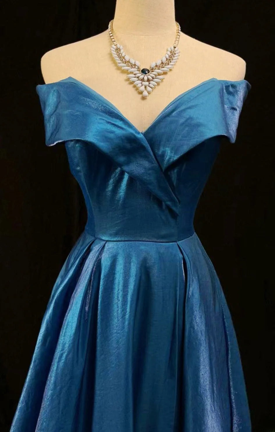 Vintage Prom Dresses A line Off The Shoulder Blue With Sleeves 1950s Retro Classy Long Party Formal Outfits RB6177