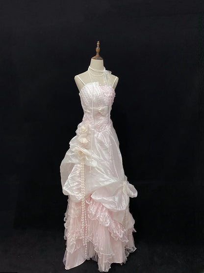 Vintage 90s A Line Spaghetti Straps Pink With Beading Lace Long Prom Dresses Formal Outfit Evening Night Dress RB7801