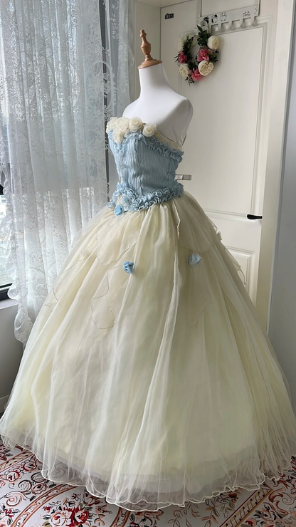 Sweet 15 Quinceanera Dress Ball Gown Strapless Yellow Tulle With Flowers Long 16th Birthday Outfits RC0671
