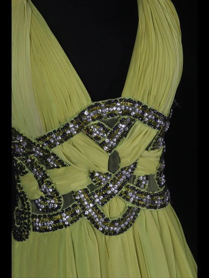Vintage A-Linien-Abendkleid im 80er-Jahre-Stil mit Neckholder, gelb-traubenfarbenem Chiffon und Perlenbesatz, Rüschen und Perlenbesatz – Inspiration für Geburtstagsoutfits und festliche Abendkleider AS348