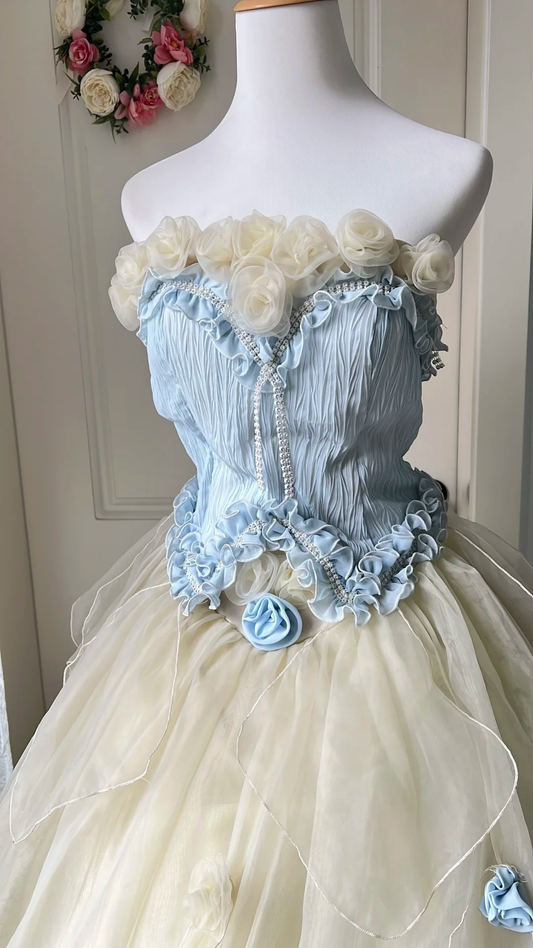 Sweet 15 Quinceanera Dress Ball Gown Strapless Yellow Tulle With Flowers Long 16th Birthday Outfits RC0671