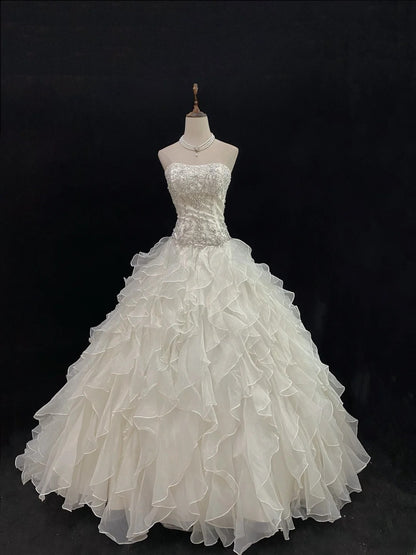 Beautiful Ball Gown Strapless Drop Waist Sleeveless Chiffon With Beading Long Groom Bride Gown Bridal Dress Modest Wedding Dresses RB7803