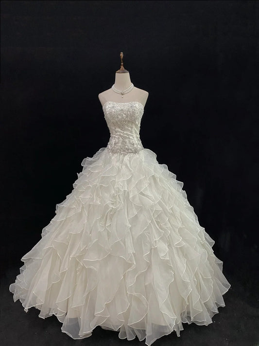 Beautiful Ball Gown Strapless Drop Waist Sleeveless Chiffon With Beading Long Groom Bride Gown Bridal Dress Modest Wedding Dresses RB7803