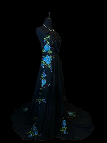 Vintage Prom Dresses A line Spaghetti Strap Navy Blue With Appliqued 1950s Retro Classy Long Party Formal Outfits RB6178