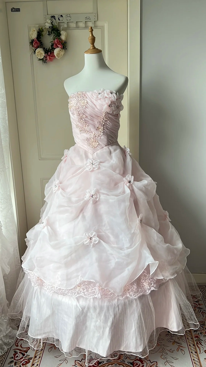 Pretty Sweet 16 Dress Long Strapless Pink With Lace Flowers Ball Gown Sweet Sixteen Party Birthday Dresses RC0672