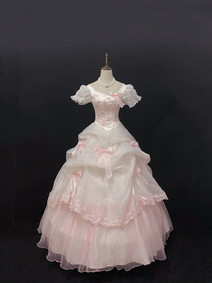 Elegant Ball Gown Square Neck Pink Poofy Long With Bow Appliqued Quince Dress inspo Quinceanera Dresses Sweet 15 16 Outfits RB7802