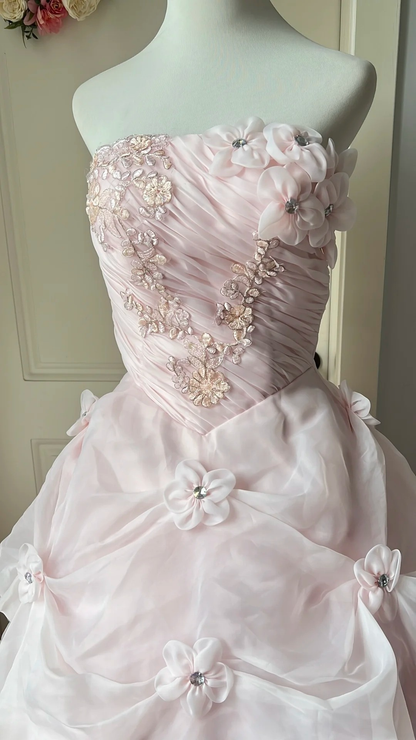 Pretty Sweet 16 Dress Long Strapless Pink With Lace Flowers Ball Gown Sweet Sixteen Party Birthday Dresses RC0672