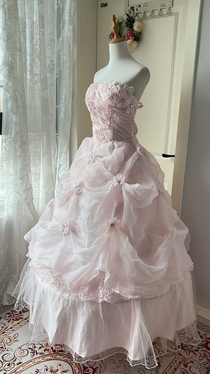 Pretty Sweet 16 Dress Long Strapless Pink With Lace Flowers Ball Gown Sweet Sixteen Party Birthday Dresses RC0672