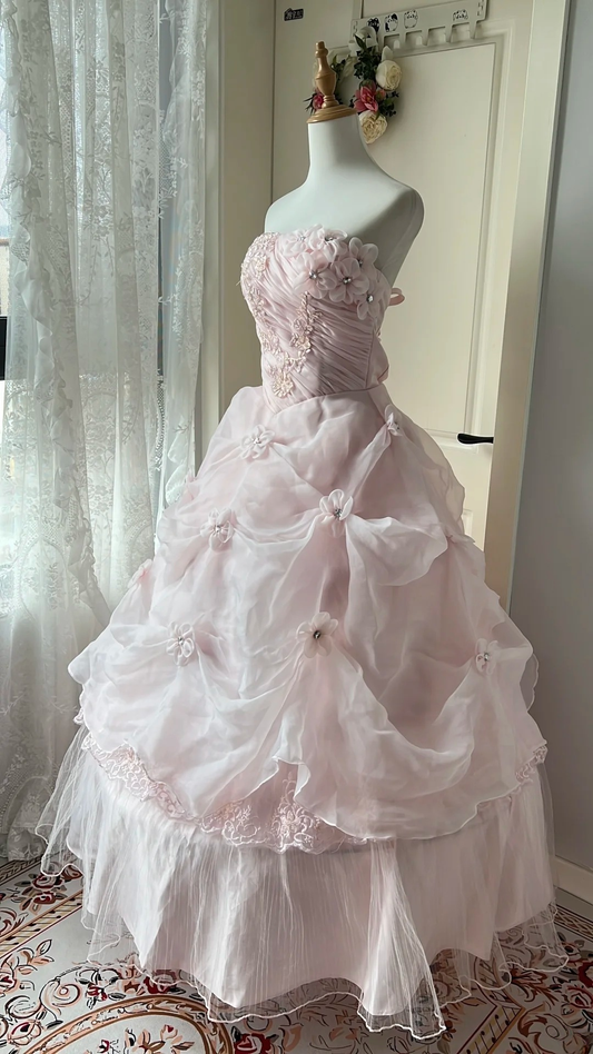 Pretty Sweet 16 Dress Long Strapless Pink With Lace Flowers Ball Gown Sweet Sixteen Party Birthday Dresses RC0672