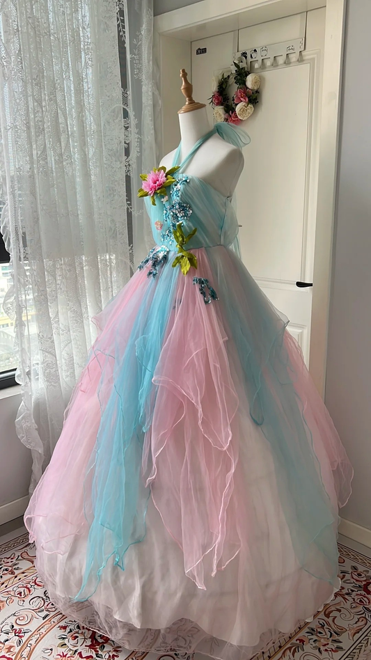 Sweet 15 Quinceanera Dress Ball Gown Halter Blue Pink Tulle With Flower Long 16th Birthday Outfits RC0673