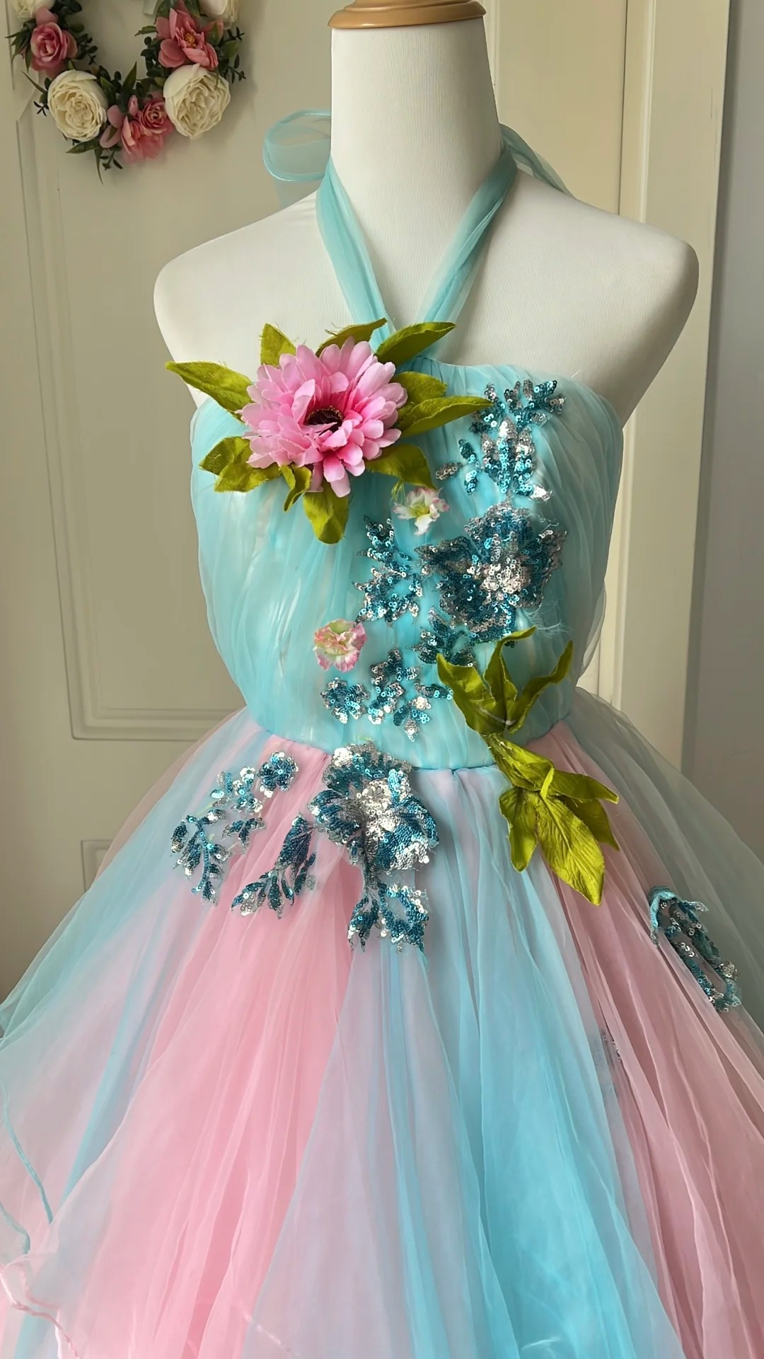 Sweet 15 Quinceanera Dress Ball Gown Halter Blue Pink Tulle With Flower Long 16th Birthday Outfits RC0673
