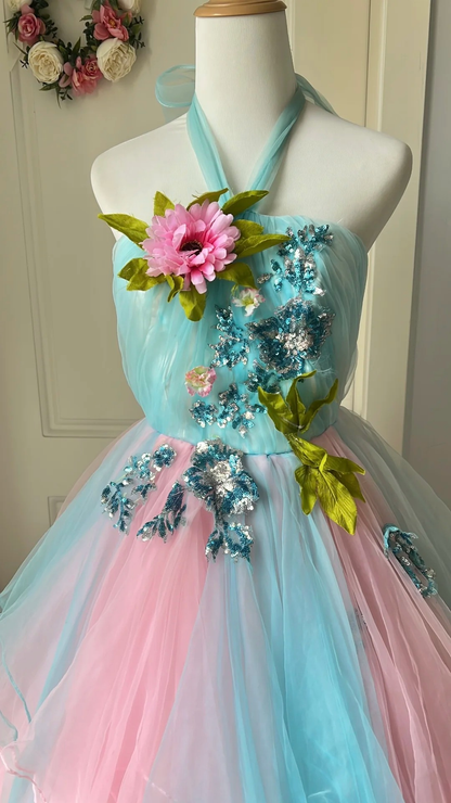 Sweet 15 Quinceanera Dress Ball Gown Halter Blue Pink Tulle With Flower Long 16th Birthday Outfits RC0673