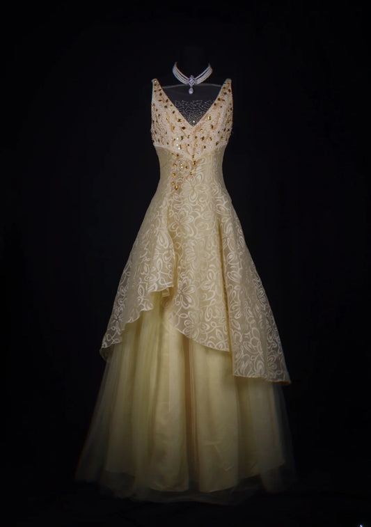 Vintage-Ballkleid im 80er-Jahre-Stil mit V-Ausschnitt, Tüll, Perlen und Spitze, langes, perlenbesetztes Abendkleid, Inspiration für Geburtstagsoutfits, formelle Kleider AS350
