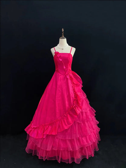 Princess Ball Gown Spaghetti Straps Hot Pink Poofy Long With Ruffled Quince Dress inspo Quinceanera Dresses Sweet 15 16 Outfits RB7804