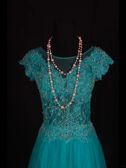 Retro 60s A line High Low Scoop Neck Blue Tulle With Pearls Beads Lace Prom Dresses Inspo 22th Birthday Outfit Formal Gown AS351