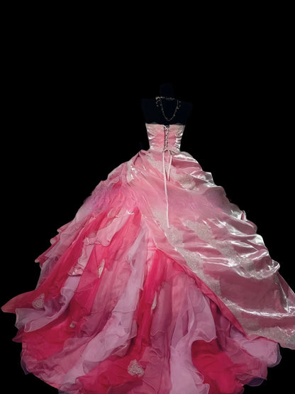 Ombre Pink Tiered Layers Strapless Tulle Satin Sweet 16 Dress Ball Gown Sweet Sixteen Dress RC0059