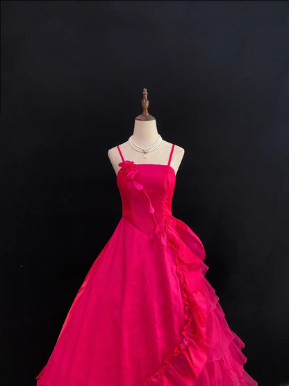 Princess Ball Gown Spaghetti Straps Hot Pink Poofy Long With Ruffled Quince Dress inspo Quinceanera Dresses Sweet 15 16 Outfits RB7804