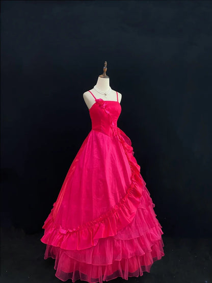 Princess Ball Gown Spaghetti Straps Hot Pink Poofy Long With Ruffled Quince Dress inspo Quinceanera Dresses Sweet 15 16 Outfits RB7804